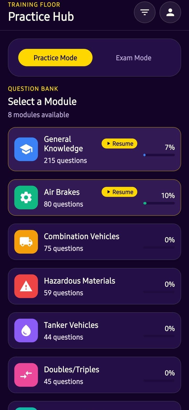 TruxCel app Practice Hub showing the eight CDL question-bank modules with progress on General Knowledge and Air Brakes